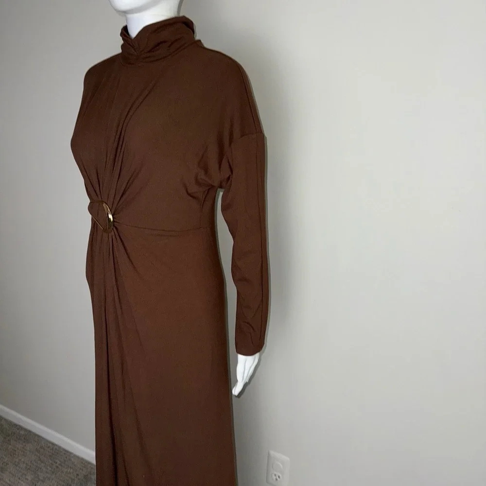 Commense Brown‎ Turtleneck Maxi Dress with Gold Ring Detail Long Sleeve Size M
